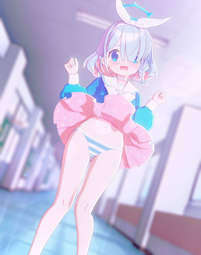 1girl 3d absurdres arms_up arona_(blue_archive) blue_archive blue_eyes blue_hair blue_halo blue_shirt blush bow braid hair_bow hair_over_one_eye hallway halo highres indoors loli looking_at_viewer mikumikudance_(medium) open_mouth panties pleated_skirt ribbon school_uniform serafuku shirt short_hair siva_mmd skirt solo standing striped_clothes striped_panties thighs underwear white_ribbon white_skirt wind wind_lift