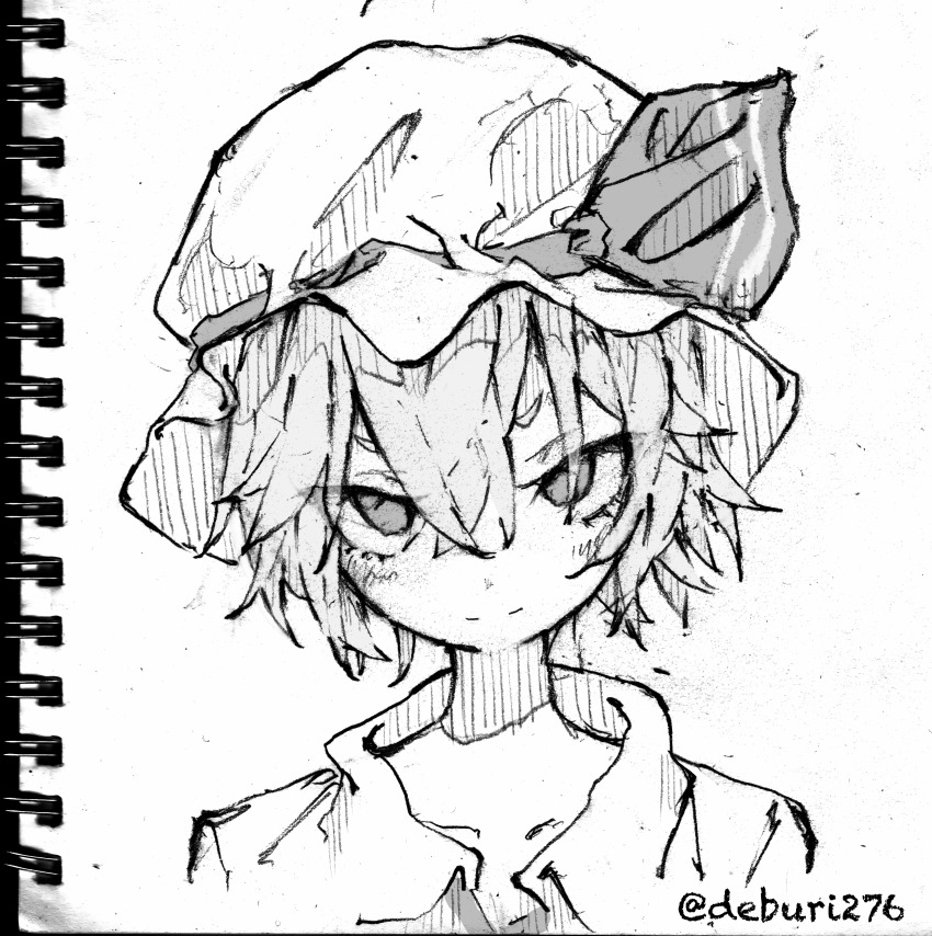 1girl absurdres artist_name blush commentary deburi276 english_commentary eyes_visible_through_hair greyscale hair_between_eyes hat hat_ribbon hatching_(texture) highres light_smile linear_hatching looking_at_viewer monochrome photo_(medium) portrait remilia_scarlet ribbon short_eyebrows short_hair sketch solo touhou traditional_media twitter_username upturned_eyes