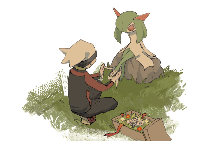 1boy box brendan_(pokemon) gen_3_pokemon grass green_hair hat horns kirlia kneeling mashita._(mentaiko_omoti) nintendo on_grass pink_eyes pokemon pokemon_(creature) pokemon_rse rock shoes sidelocks simple_background sitting white_background white_hat white_shoes