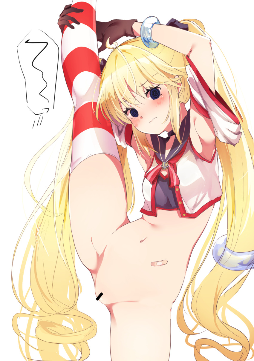 1girl @_@ andrea_doria_(warship_girls_r) bandaid_on_stomach bar_censor black_choker blonde_hair blue_eyes bottomless breasts brown_gloves censored choker detached_sleeves flexible gloves highres leg_lift leg_up long_hair navel small_breasts solo split standing standing_on_one_leg standing_split striped_clothes striped_thighhighs suwakana thighhighs twintails very_long_hair warship_girls_r