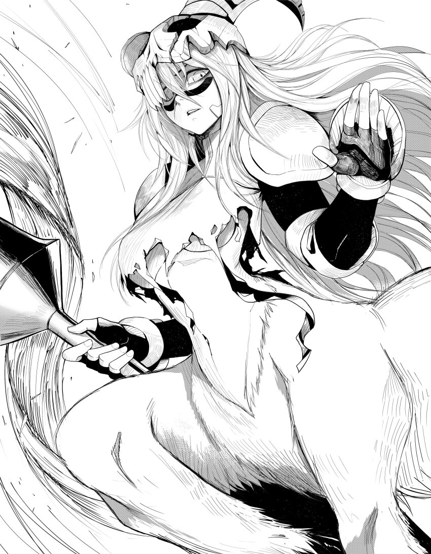 1girl absurdres armor bleach breasts centaur commentary eyebrows_hidden_by_hair facial_mark feet_out_of_frame fighting_stance fingerless_gloves floating_hair gloves greyscale hair_between_eyes hand_up highres holding holding_polearm holding_weapon jesse_schickler lance large_breasts long_hair looking_at_viewer monochrome nelliel_tu_odelschwanck open_mouth polearm resurreccion scar scar_on_face serious shaded_face shoulder_armor simple_background skull_on_head smoke solo standing taur teeth underboob upper_teeth_only very_long_hair weapon white_background