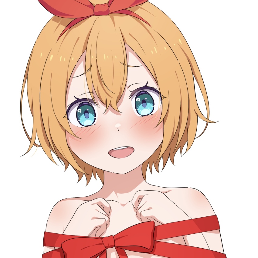1girl aqua_eyes bow_hairband hairband highres na-suke naked_ribbon open_mouth orange_hair petra_leyte re:zero_kara_hajimeru_isekai_seikatsu red_ribbon ribbon short_hair smile solo teeth upper_teeth_only valentine