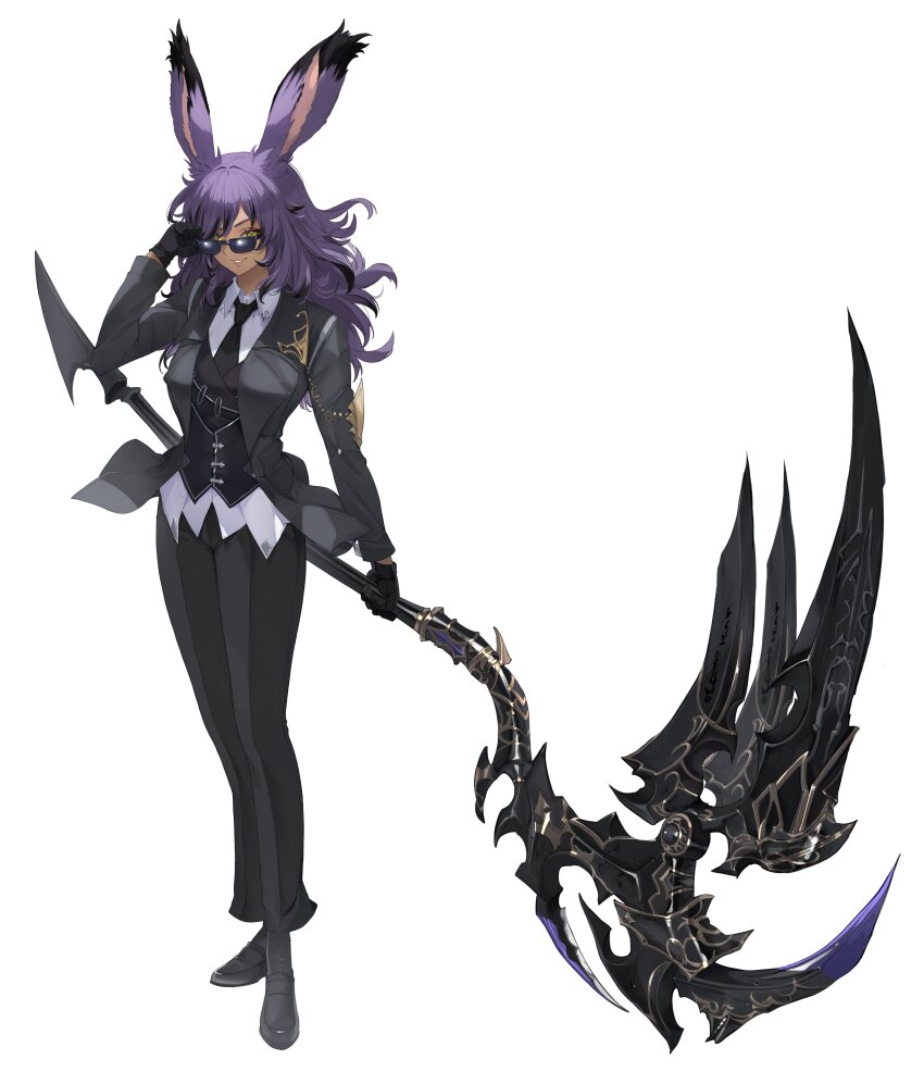 1girl absurdres animal_ears black_footwear black_gloves black_jacket black_pants commentary commission dark-skinned_female dark_skin dress_pants dress_shirt dress_shoes english_commentary final_fantasy final_fantasy_xiv formal_clothes gloves highres holding holding_scythe jacket looking_at_viewer necktie pants purple_hair rabbit_ears rabbit_girl reaper_(final_fantasy) ritence scythe shirt suit sunglasses viera warrior_of_light_(ff14) white_background white_shirt yellow_eyes