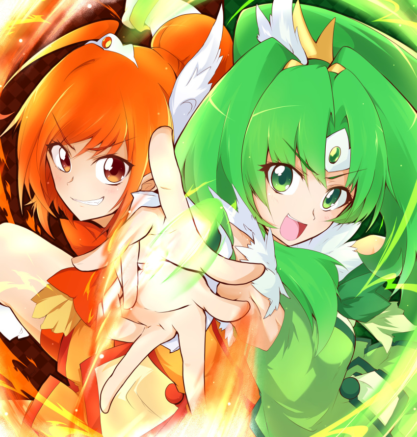 2girls :d ashita_wa_hitsuji bike_shorts commentary_request cure_march cure_sunny dress eyelashes green_dress green_eyes green_hair hair_bun hair_ornament happy highres hino_akane_(smile_precure!) long_hair looking_at_viewer magical_girl medium_hair midorikawa_nao multiple_girls open_mouth orange_dress orange_eyes orange_hair ponytail precure short_hair shorts shorts_under_skirt single_hair_bun smile smile_precure! tri_tails wrist_cuffs