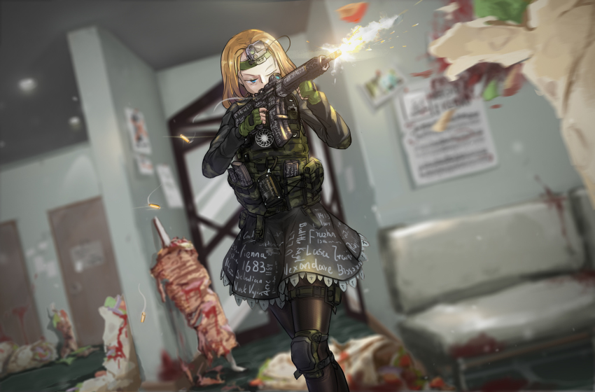 1girl aiming ar-15 bench black_pantyhose black_shirt black_skirt blonde_hair blood bloodshot_eyes blue_eyes blurry blurry_background blurry_foreground brenton_tarrant cable camera camouflage car clothes_writing cover cross depth_of_field doner_kebab doner_sandwich door dutch_angle feet_out_of_frame female_focus finger_on_trigger fingerless_gloves firing flag flak_jacket food gloves green_gloves gun half-closed_eyes headband highres holding holding_gun holding_weapon indoors jacket knee_pads lolipantherwww long_sleeves magazine_(weapon) meat meme miniskirt motor_vehicle muzzle_flash nazi one_eye_closed pantyhose paper parody petticoat pleated_skirt pouch real_life remove_kebab_(meme) rifle scope shell_casing shirt shish_kebab skirt smoke solo solo_focus standing terrorism terrorist thigh_pouch thigh_strap vertical_rotisserie video_camera weapon