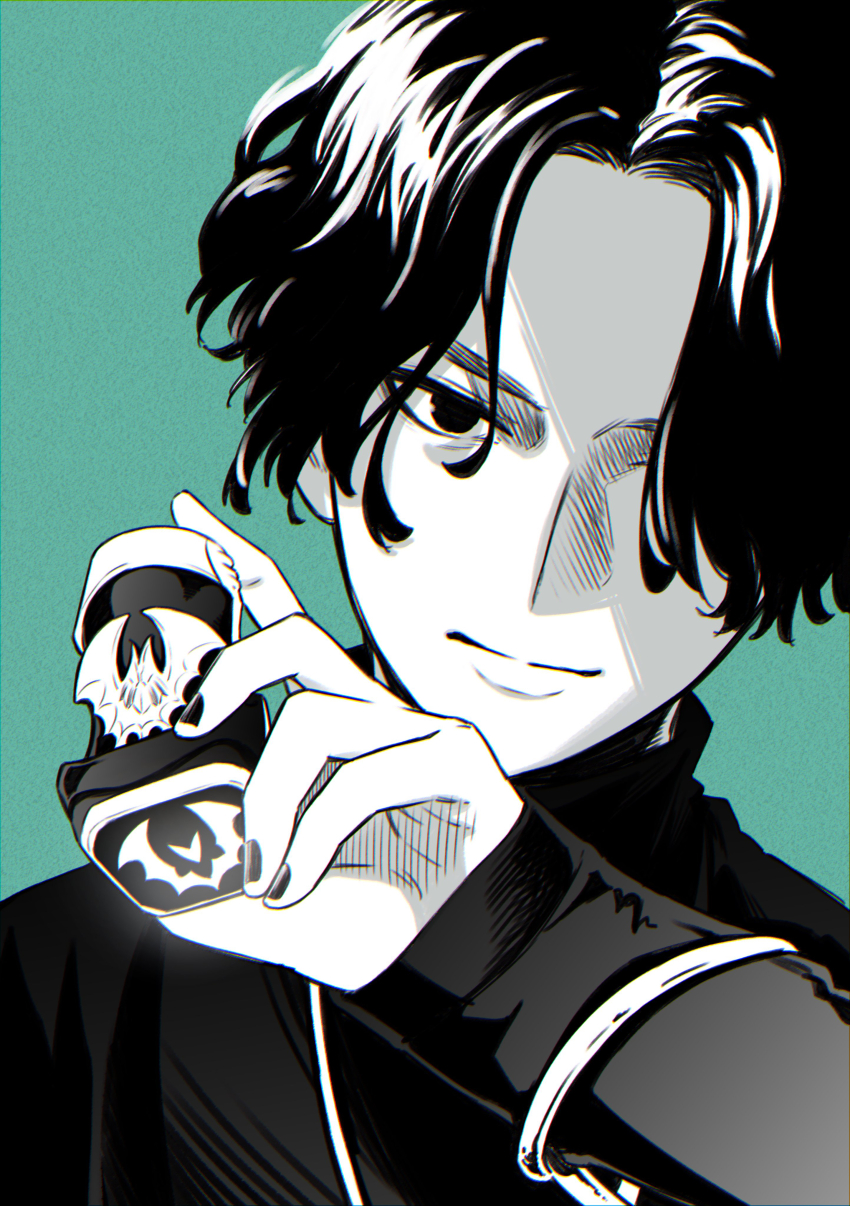 1boy absurdres aqua_background bat_(animal) bat_genome black_nails black_shirt highres jewelry kagerou_(kamen_rider_revice) kamen_rider kamen_rider_revice limited_palette looking_at_viewer male_focus multiple_rings necklace omeme_sinderuyo ring shade shaded_face shirt upper_body vistamp