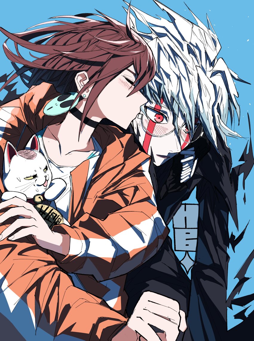 1boy 1girl absurdres alternate_form ayase_momo bell black_choker black_jacket blush brown_hair car cat choker closed_eyes closed_mouth collarbone commentary couple dandadan earrings facial_mark gakuran glasses hair_between_eyes heartbreak_juan highres jacket jewelry kiss kissing_cheek long_sleeves medium_hair motor_vehicle neck_bell orange_jacket parted_lips red_eyes round_eyewear school_uniform shirt short_hair takakura_ken_(dandadan) takakura_ken_(transformed)_(dandadan) transformation turbo_granny_(dandandan) upper_body white_hair white_shirt