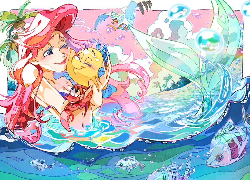 1girl ariel_(disney) bikini blush border cheek-to-cheek closed_mouth coconut commentary_request fish flounder_(the_little_mermaid) heads_together hug imomushi_(pixiv_9001433) long_hair mermaid monster_girl ocean one_eye_closed outdoors palm_tree purple_bikini red_hair scuttle_(disney) sebastian_(disney) swimsuit the_little_mermaid_(disney) tree water_drop white_border