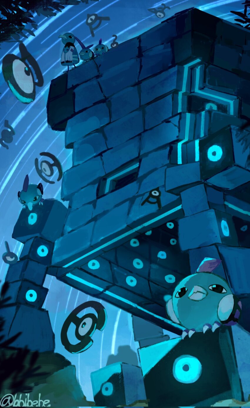 bbibebe bird blue_theme feathers floating from_below full_body game_freak gen_2_pokemon gen_7_pokemon green_feathers highres looking_ahead looking_at_another natu nintendo no_humans perched pokemon pokemon_(creature) pokemon_focus stakataka standing too_many_eyes twitter_username ultra_beast unown unown_! unown_? unown_a unown_f unown_h unown_s unown_v white_feathers xatu