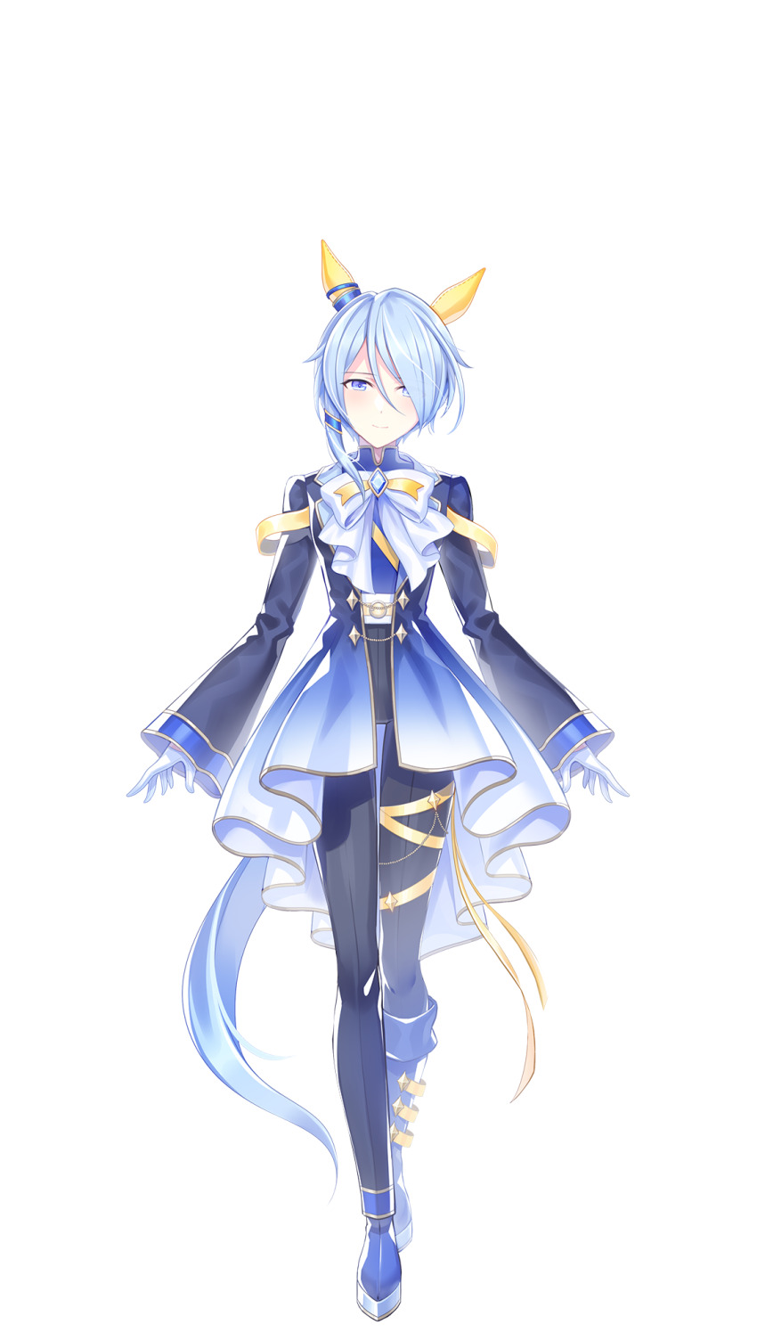 1girl animal_ears artist_request bad_link black_boots blue_boots blue_hair blue_jacket boots bow closed_mouth ear_covers ear_ornament full_body gloves hair_between_eyes highres horse_ears horse_girl horse_tail jacket k.s.miracle_(umamusume) long_sleeves looking_at_viewer official_art pants purple_eyes short_hair sitting solo standing tachi-e tail transparent transparent_background umamusume white_bow white_gloves