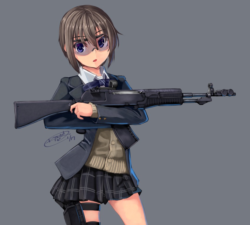 1girl an-94 ashiya_saki assault_rifle bad_id bad_pixiv_id blue_eyes brown_hair dreadtie female_focus goggles gun highres holster original rifle school_uniform short_hair simple_background solo thigh_holster weapon