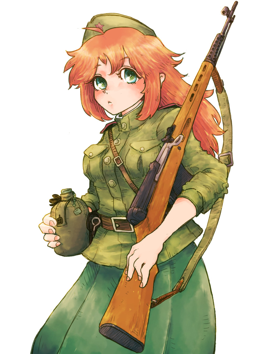 1girl :&lt; absurdres ahoge ammunition_pouch aqua_eyes battle_rifle belt breasts brown_belt canteen closed_mouth color_contrast commentary_request cowboy_shot doe774 dress garrison_cap green_dress green_jacket green_pupils green_shirt gun gun_sling hammer_and_sickle hat highres holding holding_canteen holding_gun holding_weapon jacket long_hair looking_at_viewer medium_breasts military_fatigues military_jacket military_uniform original pouch red_hair red_star rifle shirt simple_background sleeves_pushed_up soldier solo soviet soviet_army standing star_(symbol) svt-40 weapon white_background