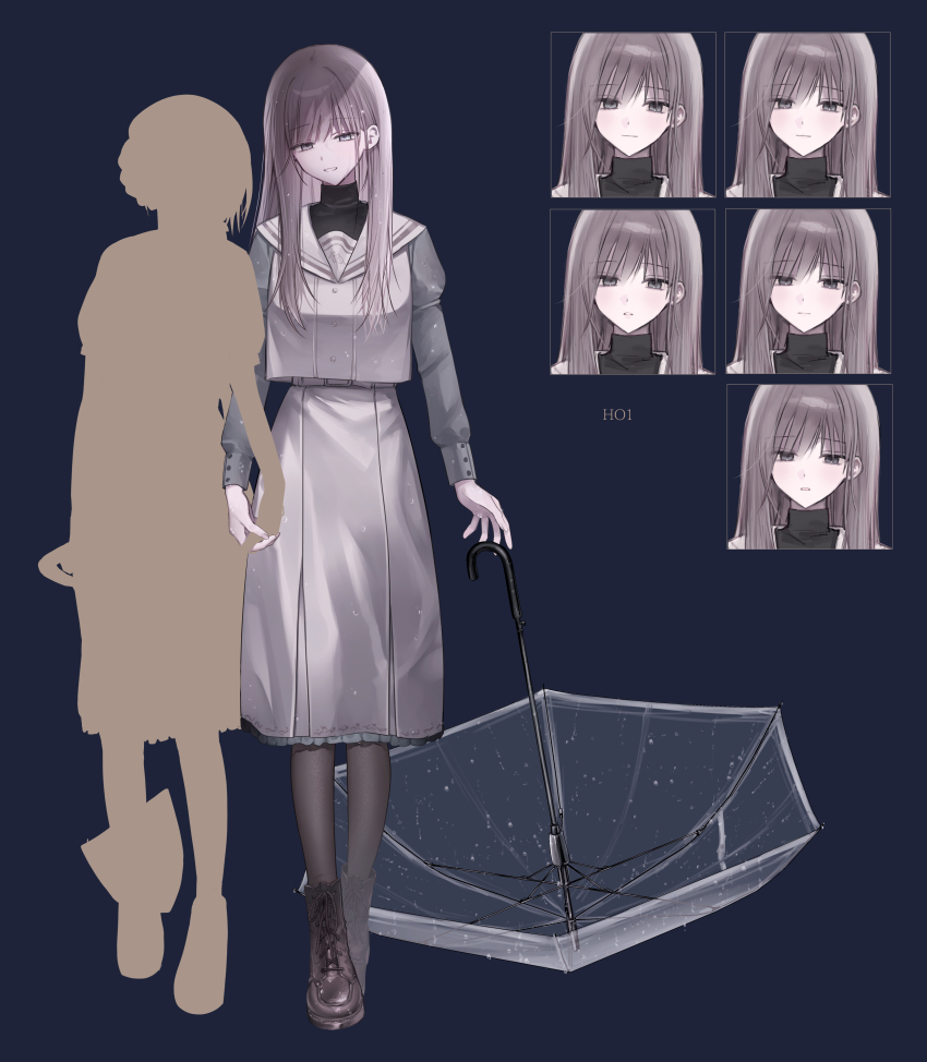 1girl 1other absurdres black_boots black_pantyhose black_sweater blue_background boots brown_hair closed_mouth commentary grey_eyes highres holding holding_hands holding_shovel kumo_tabetai long_hair long_skirt looking_at_viewer multiple_faces open_mouth original pantyhose parted_lips purple_shirt purple_skirt sailor_collar shirt shovel silhouette simple_background skirt smile sweater teeth turtleneck turtleneck_sweater umbrella