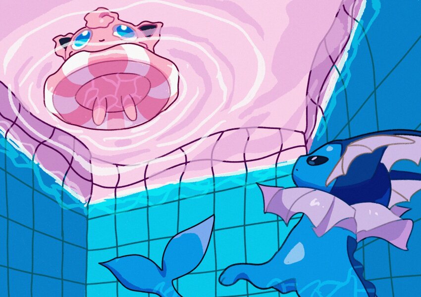 absurdres animal_ears blue_eyes blue_sclera blue_skin caustics cetacean_tail colored_sclera colored_skin fins fish_tail from_below gen_1_pokemon head_fins highres innertube jigglypuff looking_at_another looking_up nintendo no_humans pink_fur pokemon pokemon_(creature) pokemon_focus pool saiku_(zvlku) smile submerged swim_ring swimming tail tiles vaporeon water