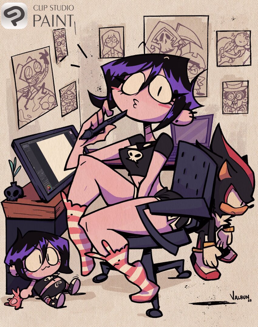 animal_ear_legwear blush_stickers cartoon_network chair character_doll character_request clip_studio_paint_(medium) collar commentary computer cropped_shirt daria daria_morgendorffer doll dolphin_shorts drawing_tablet ear_piercing earrings ed_edd_n_eddy edd_(ed_edd_n_eddy) gir_(invader_zim) gir_(robot)_(invader_zim) grim_(grim_adventures) highres holding holding_stylus invader_zim jewelry laptop mandy_(grim_adventures) midriff mordecai_(regular_show) navel nickelodeon office_chair original piercing poster_(object) puckered_lips purple_hair rabbit_ear_legwear regular_show rigby shadow_the_hedgehog short_hair short_shorts shorts signature sitting socks sonic_(series) spiked_collar spikes striped_clothes striped_socks stylus superjail swivel_chair table the_grim_adventures_of_billy_&amp;_mandy the_warden_(superjail) toon_(style) valbun valbun_(character) watermark zim_(invader_zim)