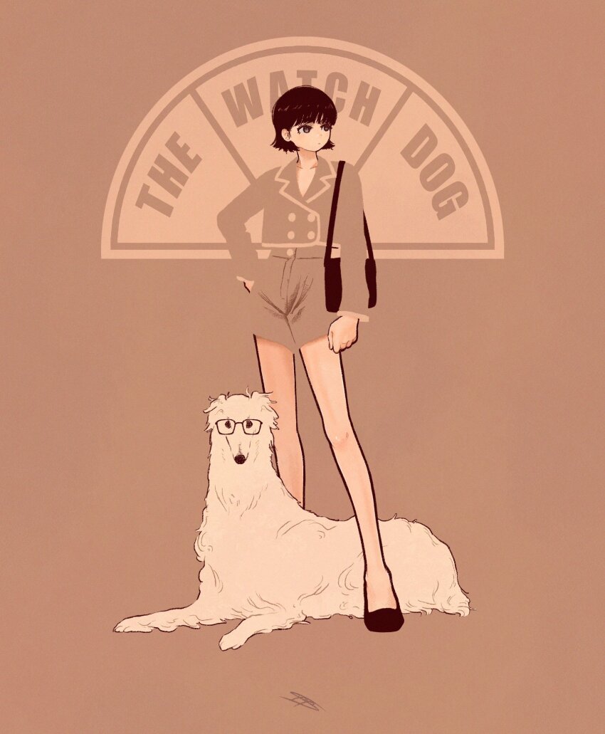 1girl bag black_bag black_eyes black_hair black_shoes blending borzoi dog english_text glasses grey_shirt grey_shorts hand_on_own_hip highres long_sleeves original shirt shoes short_hair shorts shoulder_bag standing syooooyoooo wide_shot