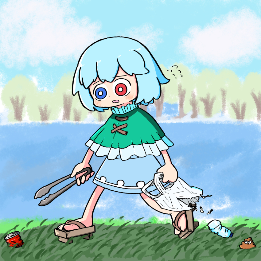 1girl absurdres bag blue_eyes blue_hair blue_skirt blue_sky blurry blurry_background blush bright_pupils can capelet cloud commentary_request cookie_(touhou) crushed_can day drink_can flying_sweatdrops forest frilled_capelet frills full_body geta green_capelet heterochromia highres holding holding_tongs mioto_(cookie) muimui_(4242564muimui) nature open_mouth outdoors poop red_eyes shopping_bag short_hair skirt sky soda_can solo tatara_kogasa tongs torn_bag touhou tree walking white_pupils