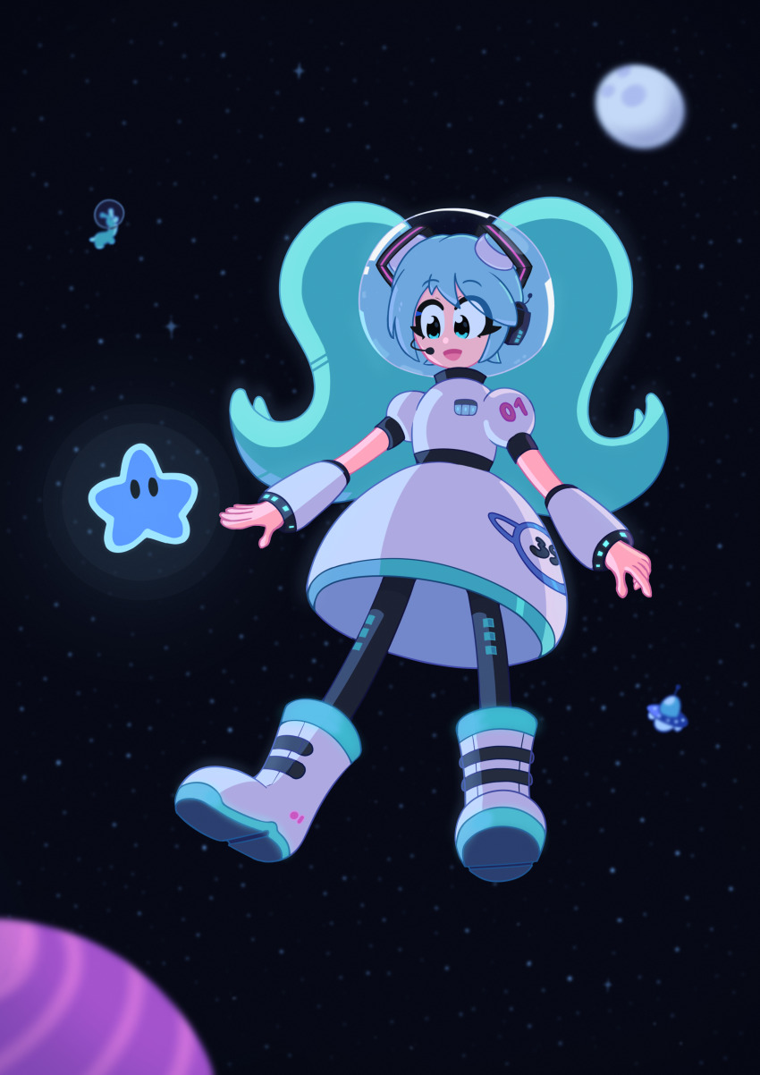 39 absurdres aqua_eyes aqua_hair black_sleeves detached_sleeves hatsune_miku headphones headset highres long_hair sawaropi solo space spacesuit twintails very_long_hair vocaloid