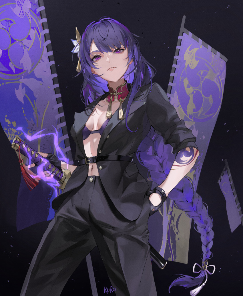 1girl absurdres alternate_costume artist_name black_background black_gloves black_jacket black_pants bra braid cowboy_shot fingerless_gloves fingernails genshin_impact gloves hair_between_eyes hair_ornament hand_in_pocket highres holding holding_sword holding_weapon jacket kamui_(kurohshiro1) long_hair looking_ahead mole mole_under_eye nail_polish navel open_clothes open_jacket pants parted_lips purple_bra purple_eyes purple_hair raiden_shogun sidelocks simple_background solo sword underwear weapon
