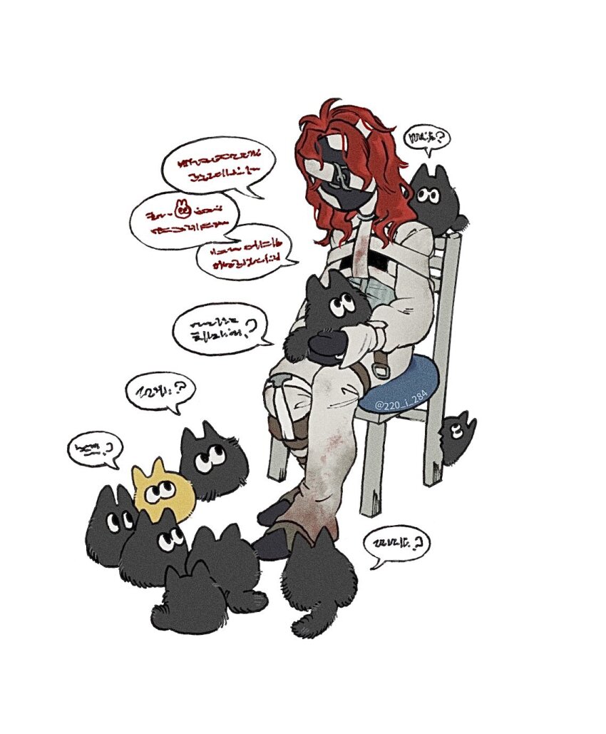 1boy aleph_(reverse:1999) black_mask black_shoes carbuncle_(reverse:1999) covered_face creature full_body highres holding holding_creature i_(220_i_284) long_hair male_focus on_chair pants red_hair reverse:1999 shirt shoes sitting solo speech_bubble talking white_background white_pants white_shirt