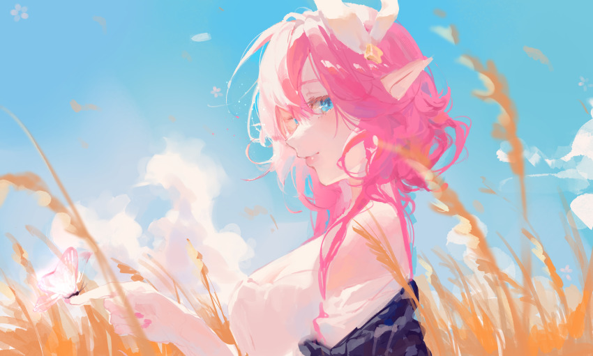 1girl bare_shoulders blue_sky breasts cloud commentary cosplay cyrene_(honkai:_star_rail) cyrene_(honkai:_star_rail)_(cosplay) elf elysia_(honkai_impact) english_commentary from_side hair_ornament highres holding_butterfly honkai:_star_rail honkai_(series) honkai_impact_3rd htt_(user_phhn3327) large_breasts long_hair looking_at_viewer pink_hair pointy_ears sky solo wheat_field