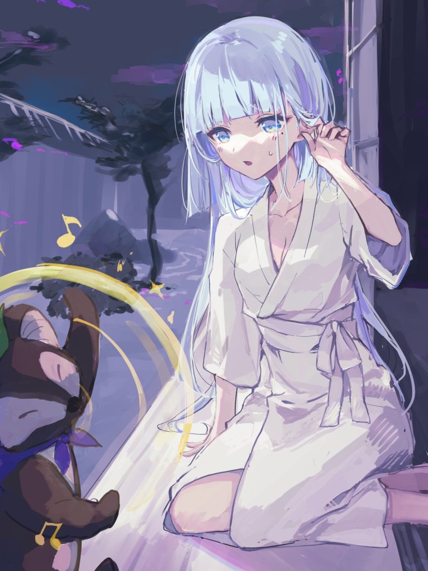 1girl alternate_hairstyle animal ayaka_(genshin_impact) blue_eyes blunt_bangs breasts bush cleavage closed_eyes cloud dancing gameyaruzaurus genshin_impact hair_down highres long_hair mole mole_under_eye musical_note night outdoors parted_lips robe silver_hair sky small_breasts sweat tanuki tree white_robe