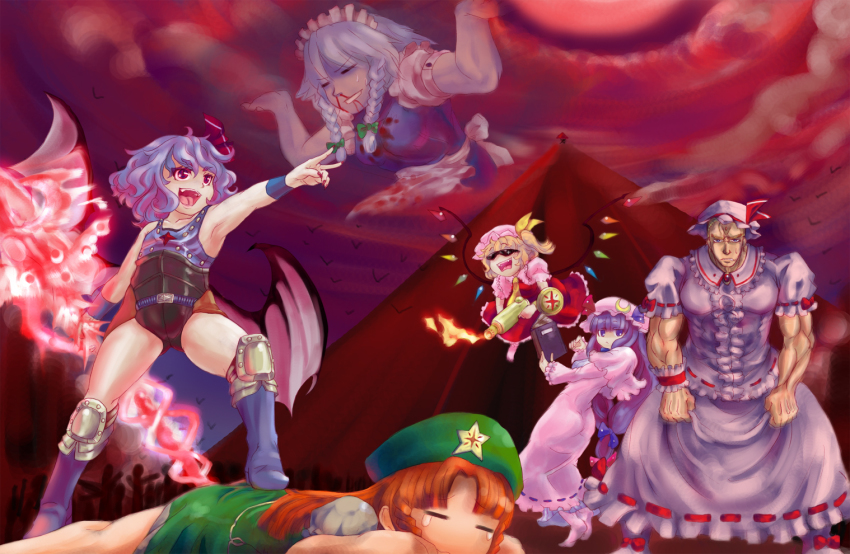 1boy 5girls =_= armpits bat_wings blonde_hair blood book braid capcom china_dress chinese_clothes dress embodiment_of_scarlet_devil fangs fire flamethrower flandre_scarlet glasses hat hokuto_no_ken hong_meiling izayoi_sakuya long_hair multiple_girls nosebleed parody patchouli_knowledge ponytail purple_eyes purple_hair pyramid_(structure) red_eyes red_hair rekise remilia_scarlet short_hair shu_(hokuto_no_ken) shuu side_ponytail silver_hair souther sunglasses tears touhou twin_braids darkstalkers weapon wings