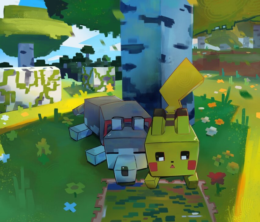 chufflepop crossover day flower gen_1_pokemon grass highres looking_at_viewer minecraft minecraft_(style) nintendo no_humans outdoors pikachu pokemon pokemon_(creature) pokemon_quest red_flower tree white_flower wolf_(minecraft) yellow_flower