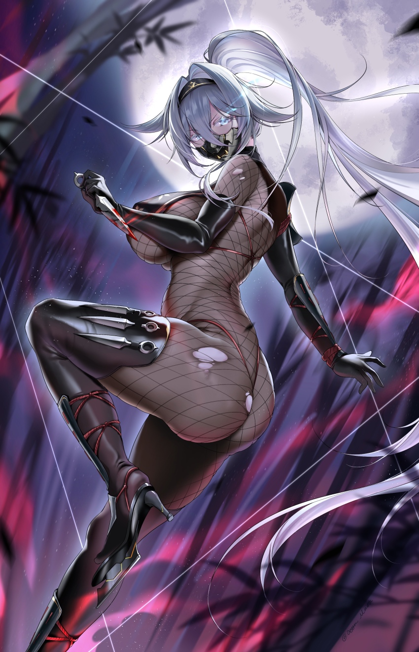 1girl absurdres aqua_eyes ass azur_lane black_bodystocking black_gloves black_panties black_thighhighs blue_eyes bodystocking bodysuit breasts elbow_gloves fishnet_bodystocking fishnets gloves highres holding holding_kunai holding_weapon kunai large_breasts long_hair looking_at_viewer ninja official_alternate_costume oxygen_mask_(oxygenmask233) panties see-through_bodysuit see-through_clothes solo sovetsky_soyuz_(azur_lane) sovetsky_soyuz_(stringed_interrogation)_(azur_lane) thighhighs thighs torn_bodysuit torn_clothes underwear very_long_hair weapon white_hair