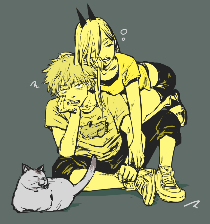 1boy 1girl cat chainsaw_man closed_eyes commentary grey_background head_rest highres horns long_hair makima_(chainsaw_man) matahei meowy_(chainsaw_man) pochita_(chainsaw_man) power_(chainsaw_man) shoes short_hair short_sleeves signature simple_background sneakers