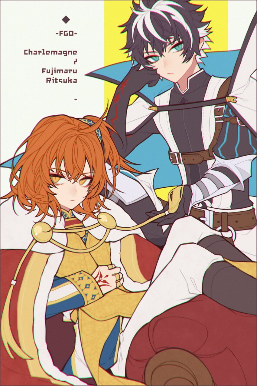 1boy 1girl ahoge aiguillette bad_id bad_twitter_id belt black_gloves black_hair black_shirt blue_cape blue_scrunchie blue_shirt brown_belt cape character_name charlemagne_(fate) charlemagne_(first_ascension)_(fate) cloak closed_mouth command_spell copyright_name elbow_gloves fate/grand_order fate_(series) fujimaru_ritsuka_(female) fujimaru_ritsuka_(female)_(imperial_robe) fur-trimmed_cloak fur_trim gloves gold_ring green_eyes hair_between_eyes hair_ornament hair_scrunchie hand_tattoo head_rest highres iralion jewelry long_sleeves looking_at_viewer medium_hair multicolored_hair multicolored_shirt multiple_rings orange_hair pants red_cloak ring scrunchie shirt short_hair side_ponytail single_vambrace slit_pupils tattoo two-sided_cape two-sided_fabric vambraces white_cape white_hair white_pants white_shirt yellow_eyes