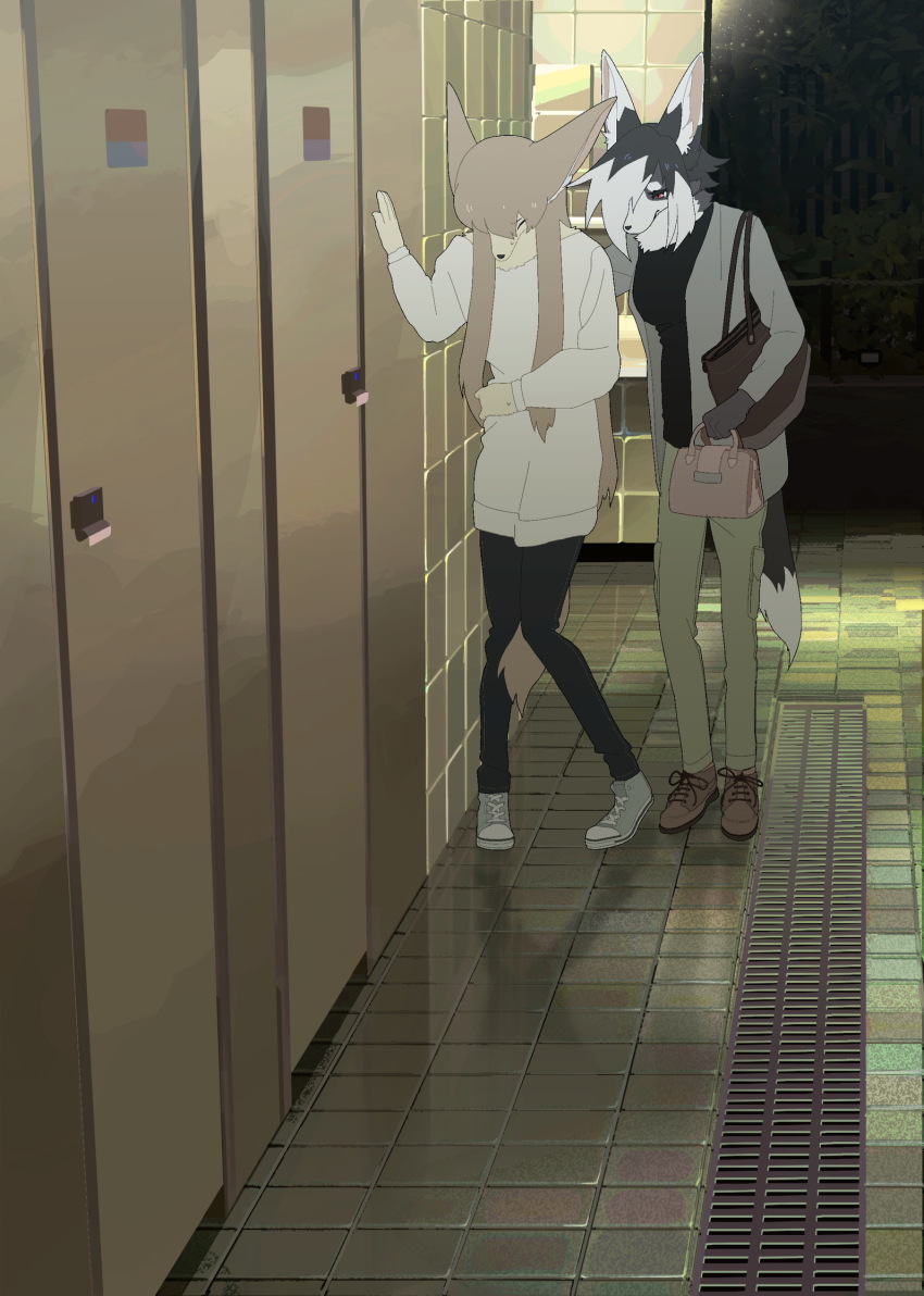 2girls animal_ear_fluff animal_ears bag bathroom between_legs black_hair black_leggings black_shirt breasts brown_bag brown_eyes brown_footwear brown_hair cardigan closed_eyes commentary_request denim dog_ears dog_girl dog_tail full_body furry furry_female green_pants grey_cardigan grey_footwear hair_over_one_eye hand_on_another&#039;s_back hand_on_own_stomach hand_on_wall handbag highres holding holding_bag indoors jeans leggings long_hair long_sleeves multicolored_hair multiple_girls night original pants pink_bag reflective_floor scenery shirt shoes short_hair sidelocks sneakers snout straight_hair sweater tail tail_between_legs taracod tile_floor tile_wall tiles tote_bag two-tone_hair very_long_hair waiting white_hair white_sweater