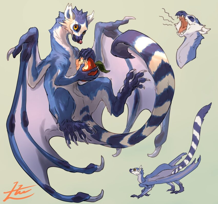 animal_focus apple blue_fur claws fangs food fruit full_body holding holding_food holding_fruit lemur lemur_ears lemur_tail licking_lips looking_at_viewer monster multiple_views no_humans open_mouth orange_eyes original sharp_teeth signature simple_background tail teeth tongue tongue_out wings yamamura_le yawning yellow_background