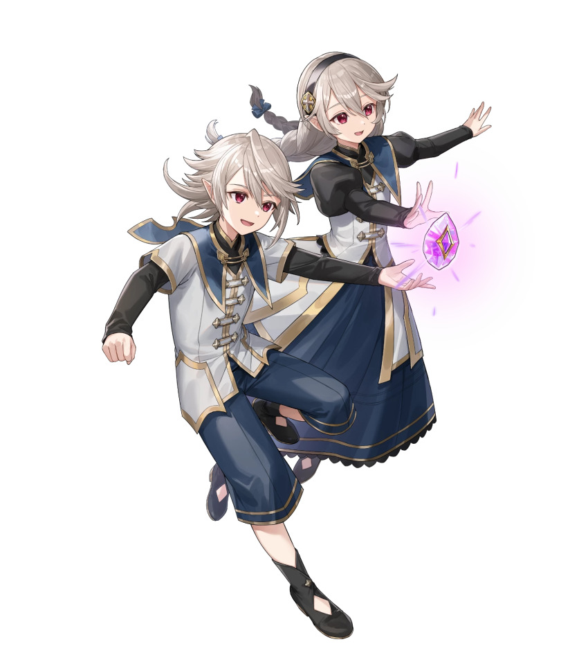 1boy 1girl attack black_hairband braided_twintails corrin_(female)_(fire_emblem) corrin_(female)_(young_kinship)_(fire_emblem) corrin_(fire_emblem) corrin_(male)_(fire_emblem) corrin_(male)_(young_kinship)_(fire_emblem) dragonstone dual_persona fire_emblem fire_emblem_fates fire_emblem_heroes grey_hair hairband highres matching_outfits mirror_twins nintendo non-web_source official_art open_mouth pointy_ears red_eyes siblings smile twins twintails