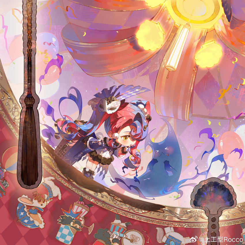 1girl absurdres blue_hair chibi chibi_only chinese_commentary commentary_request copyright_notice dress eye_mask fur-trimmed_dress fur_trim ghost highres indoors key_hair_ornament logo long_hair mask mask_on_head multicolored_hair official_art parted_lips pero_(wuthering_waves) pink_hair purple_shrug roccia_(wuthering_waves) rocco suitcase symbol-shaped_pupils tacet_mark_(wuthering_waves) twintails two-tone_hair white_dress wuthering_waves x-shaped_pupils yellow_eyes