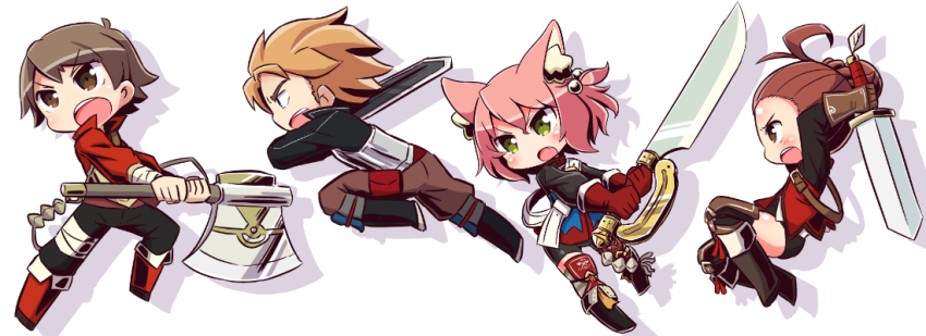 2boys 2girls 7th_dragon 7th_dragon_(series) :o animal_ear_fluff animal_ears arms_up axe bike_shorts black_footwear black_pants black_shirt black_shorts blue_jacket blush boon_(7th_dragon) boots brown_eyes brown_gloves brown_hair brown_pants cat_ears chibi drop_shadow fang fighter_(7th_dragon) gloves hair_between_eyes hair_bobbles hair_ornament harukara_(7th_dragon) holding holding_axe holding_sword holding_weapon jacket knee_boots leo_(7th_dragon) long_sleeves moiko_(7th_dragon) multiple_boys multiple_girls naga_u one_side_up open_mouth pants pink_hair red_footwear red_gloves red_jacket shirt short_shorts shorts striped_clothes striped_legwear striped_thighhighs sword thighhighs thighhighs_under_boots two-handed v-shaped_eyebrows weapon white_background