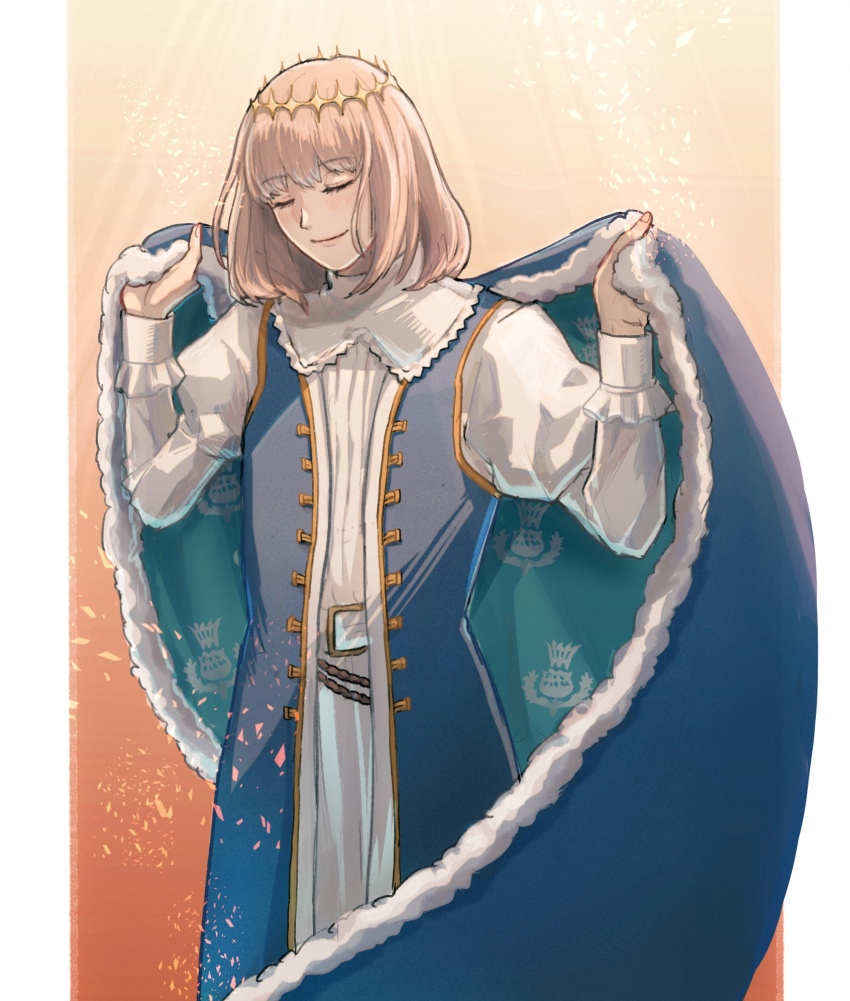 1boy blue_cloak blue_vest blush brown_hair cloak closed_eyes closed_mouth cowboy_shot diamond_hairband facing_down fate/grand_order fate_(series) fur-trimmed_cloak fur_trim gold_trim gradient_background hands_up highres holding_cloak juliet_sleeves long_sleeves makkura_(gloe) male_focus medium_hair oberon_(fate) oberon_(first_ascension)_(fate) open_clothes open_vest orange_background outside_border pillarboxed puffy_sleeves robe smile solo unworn_cloak vest white_robe