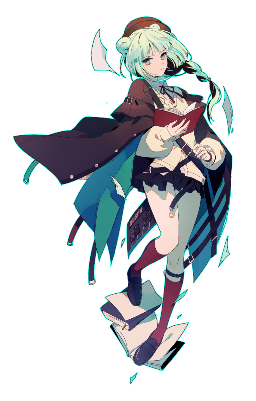 1girl absurdres animal_ears aqua_hair arknights bear_ears bear_girl beret black_shoes black_skirt blue_eyes book braid brown_hat cardigan coat full_body green_eyes hair_ornament hat highres holding holding_book istina_(arknights) jacket kelme kneehighs long_hair long_sleeves looking_at_viewer miniskirt monocle open_book open_clothes pleated_skirt shirt shoes simple_background skirt socks solo star_(symbol) star_hair_ornament white_background white_shirt