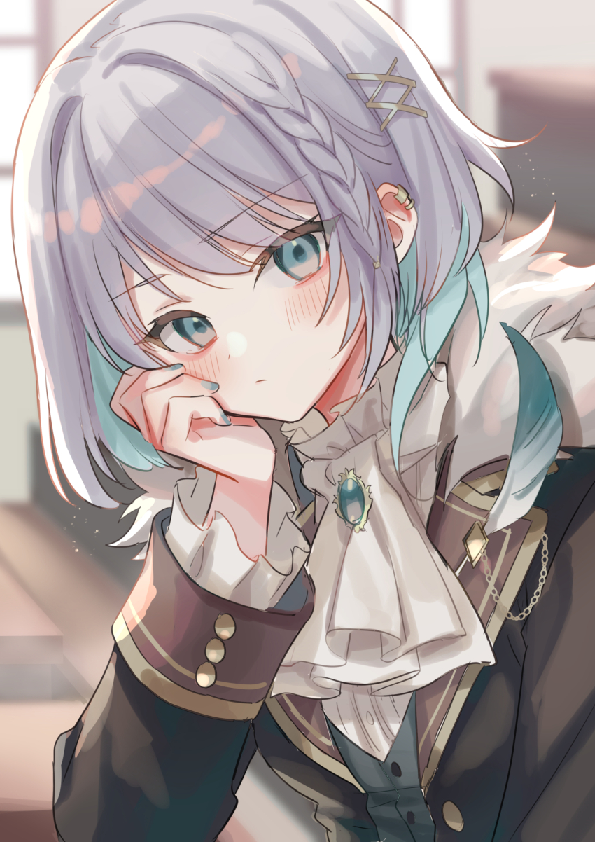 1girl ascot black_jacket blush closed_mouth commentary_request ear_piercing green_eyes grey_hair hair_ornament hand_on_own_cheek hand_on_own_face head_rest highres jacket long_sleeves looking_at_viewer open_clothes open_jacket original piercing short_hair solo suzaku_(zaku6584) upper_body white_ascot x_hair_ornament