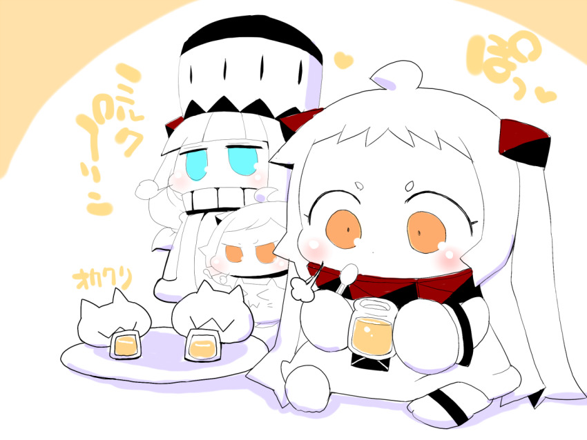 3girls abyssal_ship ahoge blue_eyes blunt_bangs blush_stickers chibi cloak comic commentary_request dress drinking enemy_aircraft_(kancolle) hat holding holding_jar horns jar kantai_collection long_hair mittens multiple_girls northern_little_sister northern_ocean_princess northern_water_princess orange_eyes sako_(bosscoffee) sitting sleeveless sleeveless_dress standing translation_request vjkjae white_hair white_mittens