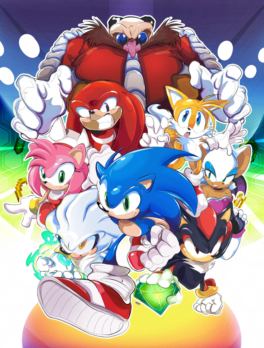 2girls 6+boys absurdres amy_rose animal_ears animal_nose bald bat_ears bat_wings black_fur blue_eyes blue_eyeshadow blue_fur boxing_gloves bracelet breasts chaos_emerald cleavage clenched_teeth dr._eggman dreadlocks echidna eyeshadow facial_hair fox fox_ears fox_tail frown gem glasses gloves gold_bracelet green_eyes green_gemstone grey_fur hedgehog highres jewelry knuckles_the_echidna large_breasts makeup medium_breasts multicolored_fur multiple_boys multiple_girls multiple_tails open_mouth pink_fur purple_eyes red_eyes red_fur rouge_the_bat saturnserkal shadow_the_hedgehog shoes short_tail silver_the_hedgehog smile smirk sneakers snout sonic_(series) sonic_the_hedgehog sonic_the_hedgehog_(2006) spiked_gloves tail tails_(sonic) teeth two_tails upper_teeth_only white_fur white_gloves wings yellow_eyes yellow_fur