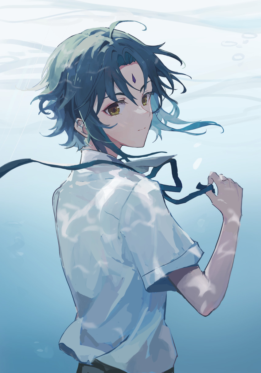 1boy absurdres ahoge blue_ribbon closed_mouth facial_mark forehead_mark genshin_impact green_hair highres kongmingbubu looking_at_viewer male_focus neck_ribbon parted_bangs ribbon shirt short_sleeves sidelocks underwater undone_neck_ribbon upper_body white_shirt xiao_(genshin_impact) yellow_eyes