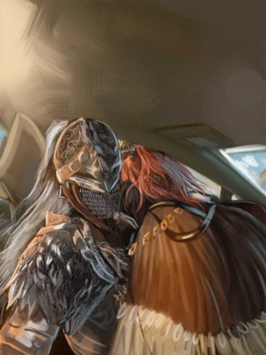 1girl 1other abyssmalenia armor ass bloody_wolf_(elden_ring) car covered_eyes dress elden_ring he_wants_to_order_(meme) helmet highres long_hair malenia_blade_of_miquella meme motor_vehicle red_hair tarnished_(elden_ring) very_long_hair winged_helmet