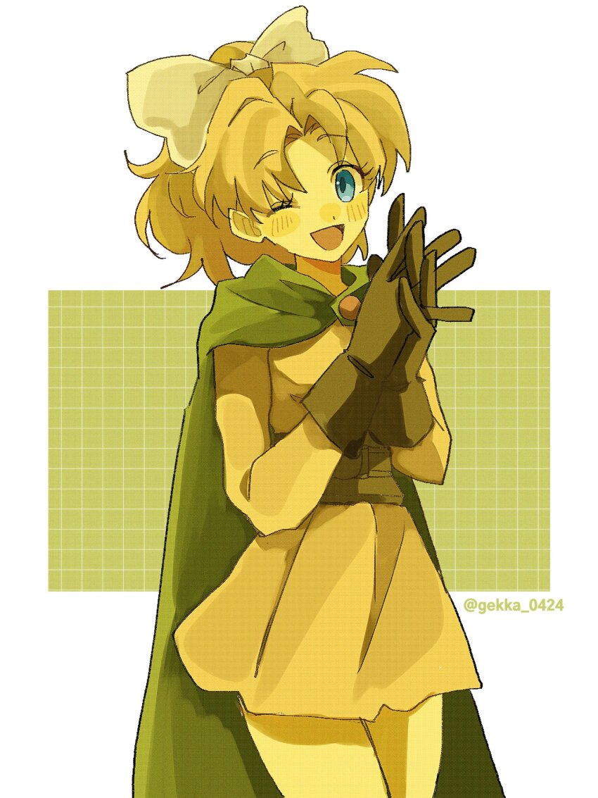 1girl ;d belt blonde_hair blue_eyes border bow cape commentary cowboy_shot dragon_quest dragon_quest_ii dress gloves green_cape grid_background hair_bow high_ponytail highres interlocked_fingers long_hair long_sleeves looking_at_viewer magainu one_eye_closed open_mouth own_hands_clasped own_hands_together ponytail princess_of_samantoria smile solo tunic twitter_username white_border