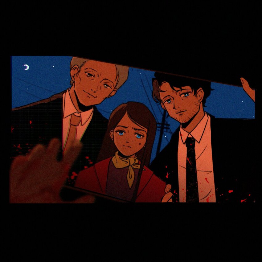 1girl 2boys abigail_hobbs arm_around_shoulder bakabakalii black_jacket blonde_hair blue_eyes blurry blurry_foreground brown_coat brown_eyes brown_hair coat collared_shirt crescent_moon facial_hair freckles hannibal_(tv_series) hannibal_lecter highres jacket long_hair looking_at_viewer moon multiple_boys neckerchief night night_sky outstretched_hand power_lines shirt short_hair sky straight_hair stubble suit_jacket sweatdrop swept_bangs upper_body wavy_hair white_neckerchief will_graham