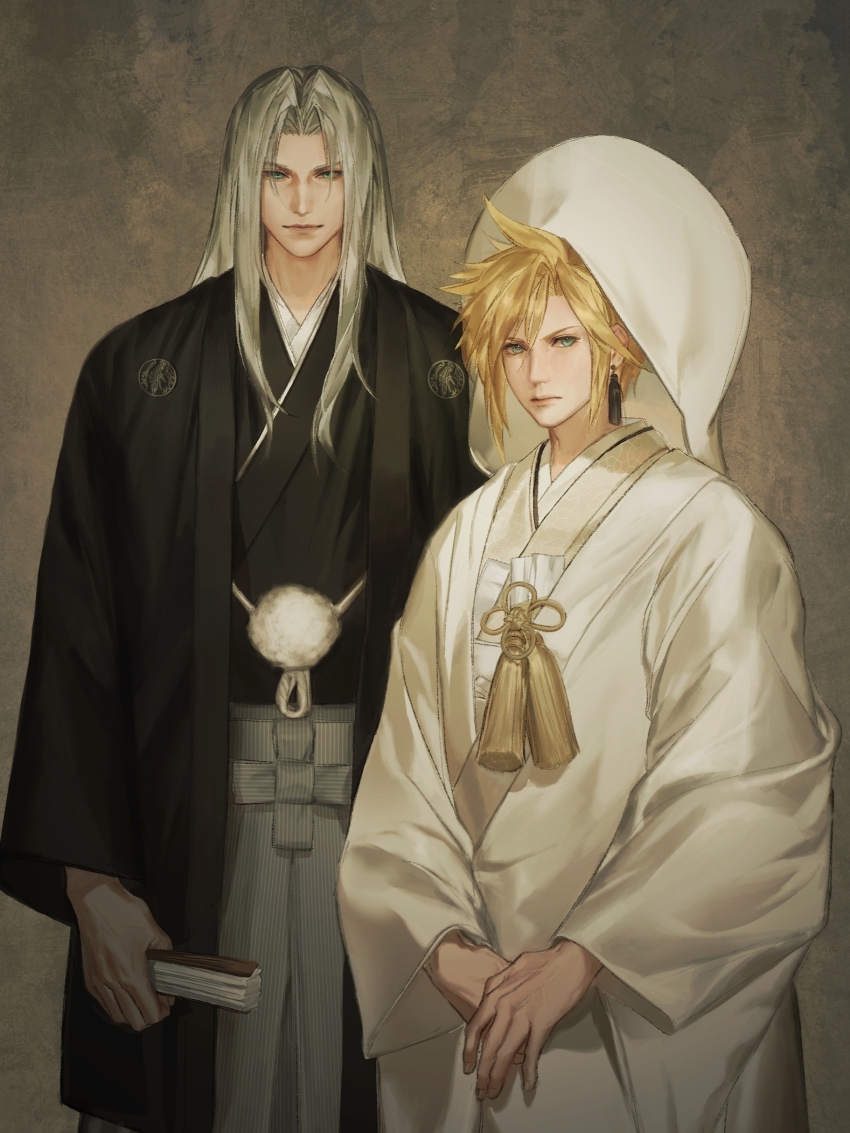 2boys absurdres black_haori black_kimono black_sleeves blonde_hair bride closed_mouth cloud_strife cowboy_shot crossdressing curtained_hair earrings final_fantasy final_fantasy_vii flower_knot folded_fan folding_fan green_eyes grey_hair grey_hakama groom hakama hand_fan haori haori_himo highres holding holding_fan husband_and_husband japanese_clothes jewelry kimono long_bangs long_hair long_sleeves looking_at_viewer male_focus multiple_boys own_hands_together parted_bangs sephiroth shiromuku short_hair spiked_hair standing striped_hakama tassel tassel_earrings uchikake veil wataboushi wedding white_kimono white_sleeves white_veil xinjinjumin837284546544 yaoi