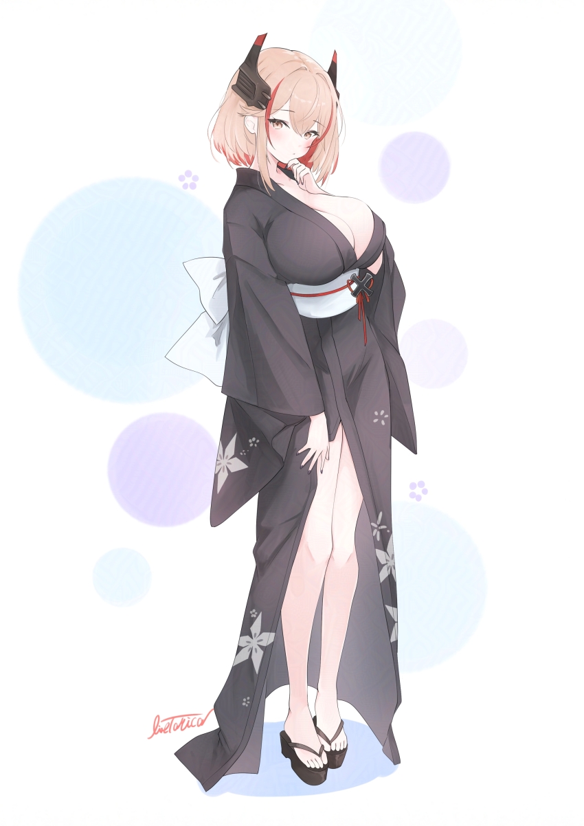 1girl absurdres azur_lane bare_legs black_kimono black_nails blonde_hair blush breasts cleavage commentary_request cross expressionless full_body hair_between_eyes hand_on_own_chin hand_on_own_thigh hand_up headgear highres iron_cross japanese_clothes kimono large_breasts livetarica looking_at_viewer medium_hair multicolored_hair no_bra red_hair roon_(azur_lane) solo standing streaked_hair two-tone_hair yellow_eyes yukata