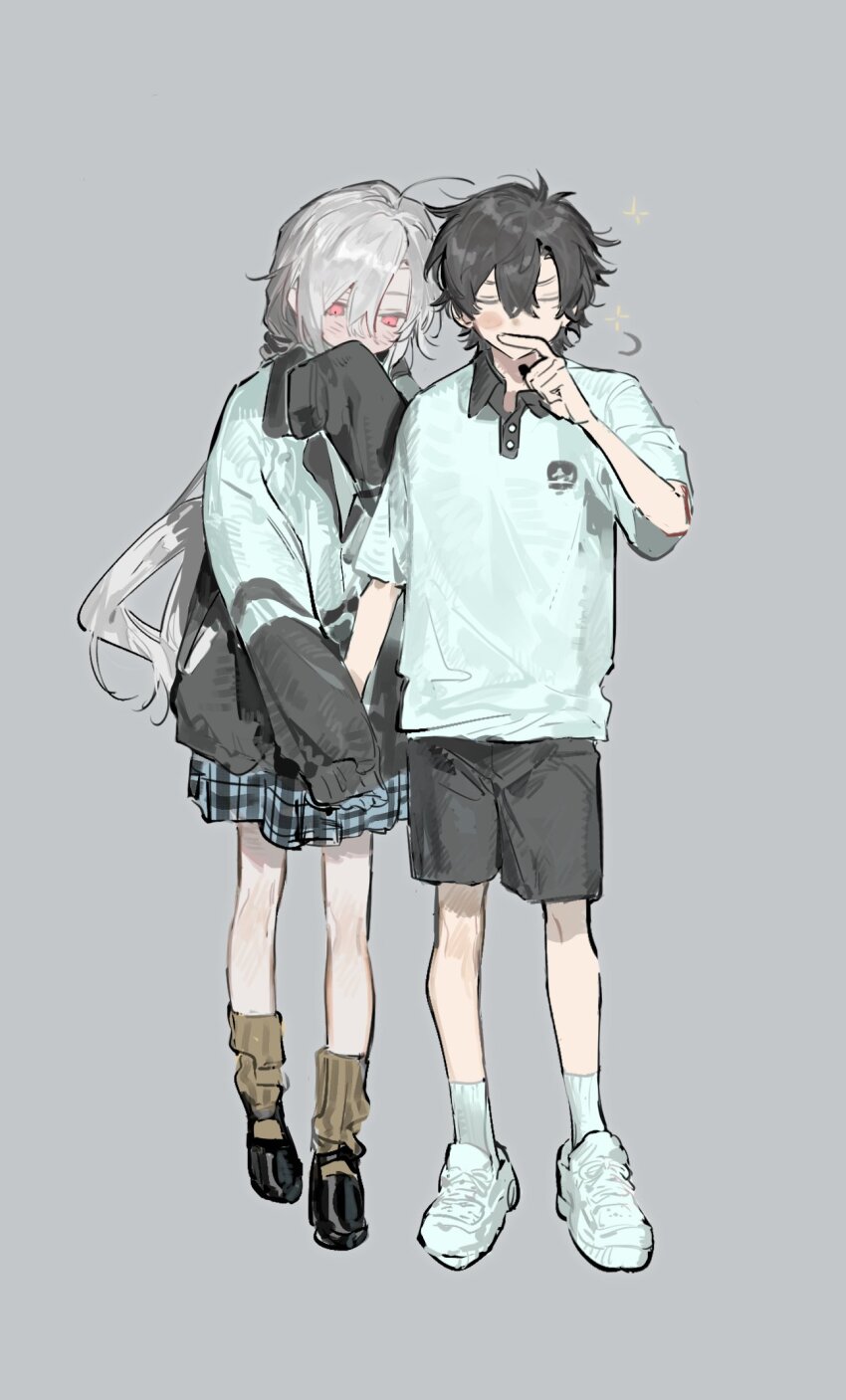 1boy 1girl black_hair black_shorts blush closed_eyes full_body grey_background hair_between_eyes highres jacket long_hair long_sleeves looking_at_viewer original plaid_clothes plaid_skirt pleated_skirt qyzhiaiyisheng red_eyes shirt shoes short_hair short_sleeves shorts skirt sleepy sleeves_past_fingers sleeves_past_wrists sneakers socks standing white_hair yawning