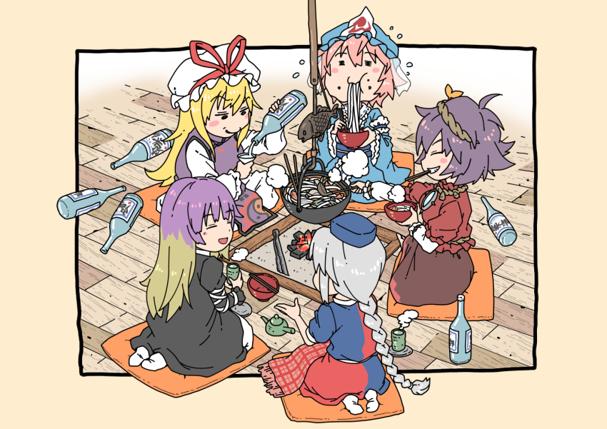 5girls alcohol black_dress blonde_hair blue_dress blue_kimono blush bottle brown_skirt cup dress eating food frills gradient_hair grey_hair hat hijiri_byakuren holding holding_bottle holding_cup inuno_rakugaki japanese_clothes kimono long_hair long_sleeves medium_hair mob_cap multicolored_hair multiple_girls noodles nurse_cap pink_hair purple_hair purple_tabard red_dress red_shirt red_skirt saigyouji_yuyuko seiza shirt short_sleeves sitting sitting_on_pillow skirt smile tabard touhou two-tone_dress two-tone_skirt veil very_long_hair white_dress yagokoro_eirin yakumo_yukari yasaka_kanako
