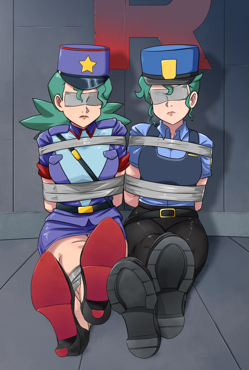 2girls absurdres aqua_hair arms_behind_back bdsm bondage bound bound_ankles bound_arms breasts hat high_heels highres jenny_(pokemon) legs lipstick lost_one_zero makeup multiple_girls nintendo pokemon pokemon_(anime) pokemon_(classic_anime) pokemon_sm_(anime) police police_hat police_uniform policewoman tape tape_bondage taped_eyes team_rocket
